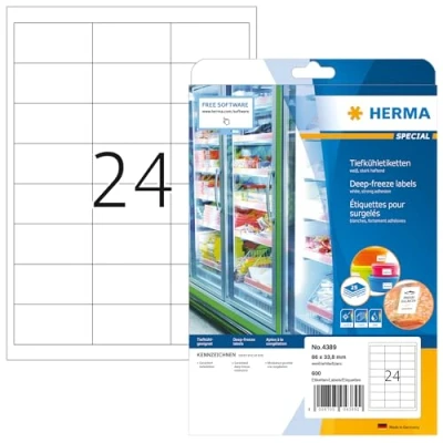 Abbildung von HERMA 4389 Tiefkühletiketten, 25 Blatt, 66 x 33,8 mm, 24 pro A4 Bogen, 600 Stück, selbstklebend, bedruckbar, matt, blanko Papier Gefrieretiketten, Klebeetiketten Aufkleber für Gefriergut, weiß