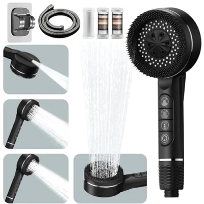 Abbildung von Duschkopf mit Filter Hochdruck Handbrause Schlauch, 4 Strahlarten, Wassersparend Filtration in 15 Schichten, Sparduschkopf Antikalk Funktion für Rest Chlor, Schwermetall usw