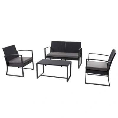 Abbildung von SVITA LOIS XL Poly Rattan Sitzgruppe Gartenmöbel Metall Garnitur Balkonmöbel Tisch Sessel (Schwarz/Grau)