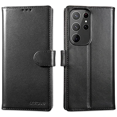 Abbildung von LENSUN Echtleder Hülle für Samsung Galaxy S23 Ultra, Handyhülle [Echtes Leder] [Kartenfach] [RFID Schutz] Lederhülle Handytasche Klappbar Ultra 5G Schwarz