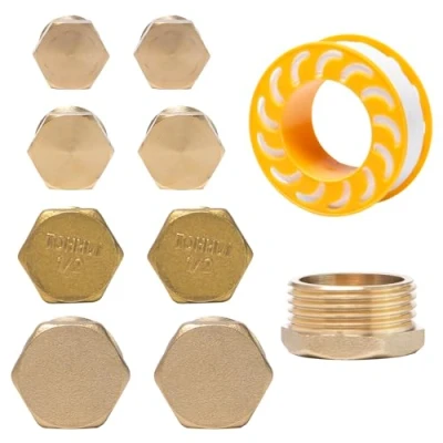 Abbildung von Neikafan Messing Stopfen 1/4 3/8 1/2 3/4 Zoll Außengewinde 8 Stück Verschlussstopfen Blindstopfen Endstopfen aus mit 1 Pcs Rohmaterialband für Rohranschluss