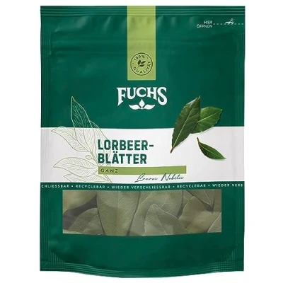 Abbildung von Fuchs Gewürze Lorbeerblätter im wiederverschließbaren, recyclebaren Beutel aus natürlichen Zutaten 7 g
