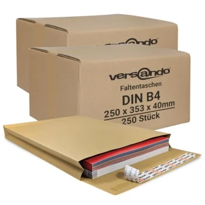 Abbildung von versando 250x B4 Faltentaschen 4cm Falte ohne Fenster (250x353x40 mm) Versandtaschen Bodenfalte haftklebend braun
