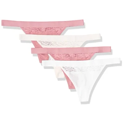 Abbildung von Amazon Essentials Damen Tanga Unterwäsche Baumwolle und Spitze, 4er Pack, Grellweiß/Blassrosa/Mauve, 36