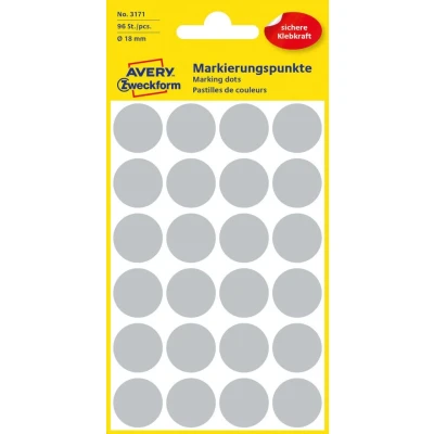 Abbildung von AVERY Zweckform 3171 selbstklebende Markierungspunkte (Ø 18 mm, 96 Klebepunkte auf 4 Bogen, runde Aufkleber für Kalender, Planer und zum Basteln, Papier, matt) grau, 5 Stück