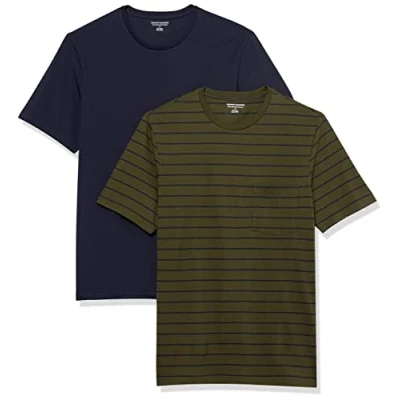 Abbildung von Amazon Essentials Herren T Shirt mit kurzen Ärmeln, Rundhalsausschnitt und Tasche in schmaler Passform, 2er Pack, Marineblau/Olivgrün/Streifen, XS