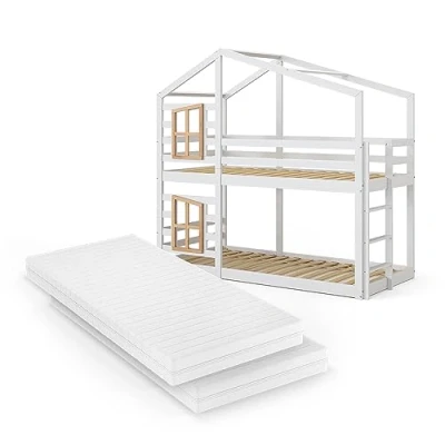 Abbildung von VitaliSpa® Etagenbett Maja, Weiß/Naturholz, 90x200 cm mit 2 Matratzen, Bettfenster
