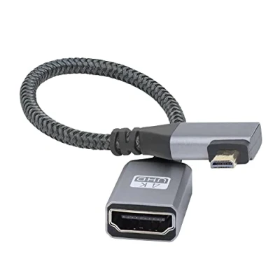 Abbildung von RIIEYOCA 4K Micro HDMI auf Kabel Adapter,Linker Winkel Stecker Buchse Aluminium Kurz Nylon Geflochtenes Unterstützung UHD, für Laptop,Projektor,TV,Monitor(20cm)