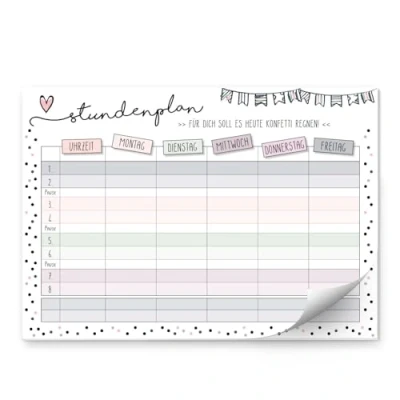 Abbildung von Konfetti Stundenplan I DIN A4 Papier Block zum Schulanfang für Mädchen Beschriften und Abreißen dv628
