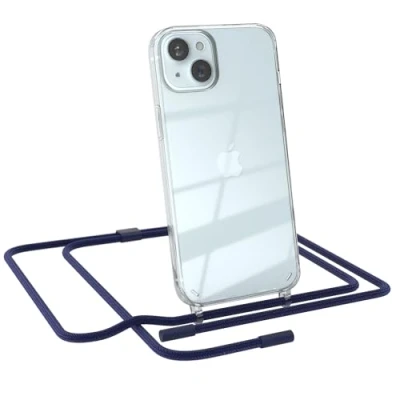 Abbildung von EAZY CASE Handykette kompatibel mit iPhone 15 Plus dünne Handyhülle für Hülle Band als Fallschutz Kette zum Umhängen transparente Silikon in Nacht Blau