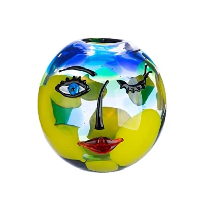 Abbildung von GILDE Glas art Deko Vase Gesichtsvase aus Kunstobjekt Kugelvase Blumenvase Glasvase Farbe: Blau Gelb Höhe 24 cm Ø 25