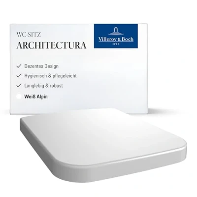 Abbildung von Villeroy &amp; Boch WC Sitz Architectura Toilettendeckel Weiß glänzend aus Duroplast Toilettensitz mit Edelstahl Scharnieren Bruchsicherer, rechteckiger Klodeckel Original Ersatzteil