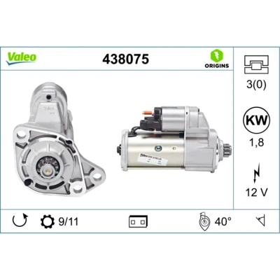 Abbildung von VALEO NEW ORIGINAL PART 438075 Anlasser 12 1,8 11 VOLKSWAGEN: Golf 4 Schrägheck, TRANSPORTER Bus, Polo IV AUDI: A3 Schrägheck