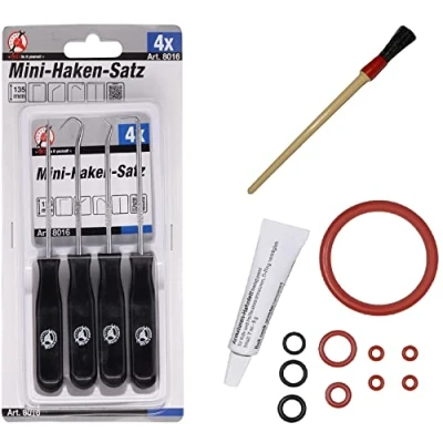 Abbildung von Wartungssatz XXL Dichtung O Ringe für Brühgruppe Auslaufventil Auslaufstutzen kompatibel mit Philips Saeco Spidem Gaggia Set 41 inkl. 6g Tube Lebensmittelfett, Werkzeug Reinigungspinsel &amp; Hakensatz