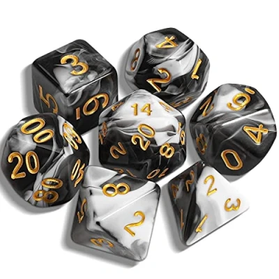 Abbildung von QMAY DND Dice Polyedrisches Würfel Set 7 Stück für Dungeon und Dragons MTG RPG D&amp;D D20, D12, D10, D%, D8, D6, D4 (Schwarz weiß)