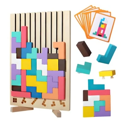 Abbildung von Holzpuzzle Tetris, Lernspielzeug, Montessori Spiele 3 4 5 6 Jahre, Intelligenz Jigsaw, Gehirn Spielzeug, bunt, geometrische Blöcke Geschenk für Kinder