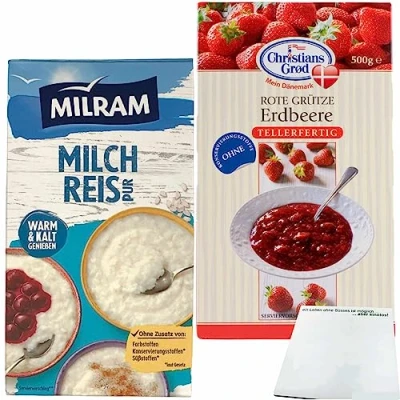 Abbildung von Milram Milchreis pur (1kg Packung) &amp; Chr.Grod Grütze Erdbeer (500g + usy Block