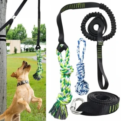 Abbildung von TUAHOO Hund Outdoor Hanging Bungee Spielzeug, Interaktives Zerrspielzeug für Kleine Mittlere Große Hunde zum Tauziehen, Ziehübung &amp; Solo Spielen, Beißtraining, Baumzerr Hundeseilspielzeug mit 2