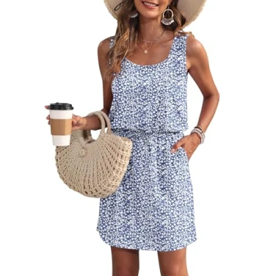 Abbildung von WNEEDU Sommerkleid Damen Ärmellose Strandkleid U Ausschnitt KordelzugKleid Luftiges Kleid Sommer mit Taschen Blume Blau Lila S