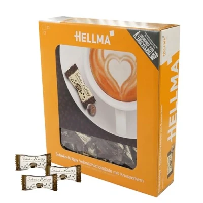 Abbildung von Hellma Schoko Krispy in Vollmilchschokolade 380 Stk. schokoliert, einzeln je 1,1 g Vorrats Box für Café, Gastro