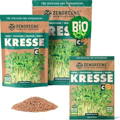 Abbildung von ZenGreens® Bio Kresse Sprossen Samen Wähle zwischen 10g, 200g und 500g Keimrate von über 96% Saatgut zum Keimsprossen ziehen wiederverschließbare Verpackung