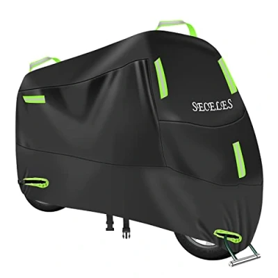 Abbildung von 300D Motorrad Abdeckplane Outdoor Motorradabdeckung Winterfest Wasserdichten Oxford Motorradgarage für Roller mit 7 Reflektionsstreifen und 2 Schlossloch (XXL: 245x95x125cm)