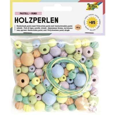 Abbildung von folia 22976 Holzperlen, 84 Stück, in 6 verschiedenen Farben und 4 Größen, zum Basteln von Ketten Armbändern, inklusive 2 Schnüre je ca. 85 cm, pastell
