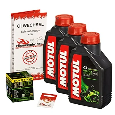Abbildung von Motul 10W 40 Öl + HiFlo Ölfilter für Kawasaki EN 500, 90 93, EN500A Ölwechselset inkl. Motoröl, Racing Filter, Dichtring