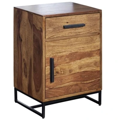 Abbildung von FineBuy Nachttisch Sheesham Massivholz/Metall 45x35x65 cm Nachtschrank Boxspringbett, Design Nachtkonsole mit Schublade und Tür, Nachtkommode Industrial Stauraum