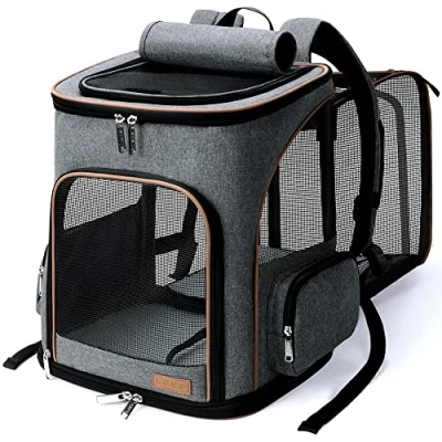 Abbildung von Lekesky Groß Katzenrucksack Hunderucksack für Katzen und Hunde bis 8 10kg, Erweiterbar Faltbare Haustier Rucksack mit Innerer Sicherheitsleine 2 Haustiermatte, Grau