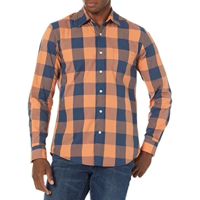 Abbildung von Amazon Essentials Herren Langärmeliges Hemd aus Popeline, Schmale Passform, Blau Orange Büffel, L