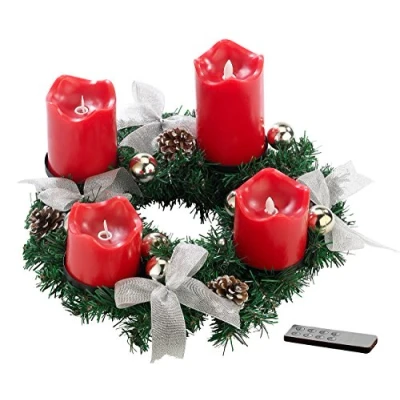 Abbildung von Britesta Adventsdeko Kerzen Kranz: Adventskranz, silbern, 4 rote LED mit bewegter Flamme (Adventskranz Leuchten, Adventskranz geschmückt, Kabellose Weihnachtskerzen)