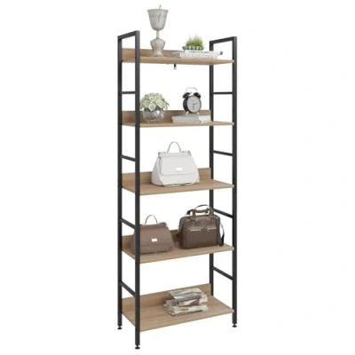 Abbildung von WOLTU Standregal Hochregal Bücherregal Metallregal Schuhregal Badregal Blumentreppe aus Holz und Stahl, mit 5 Ablagen, ca. 60 x 27,5 160 cm, Schwarz + Hell Eiche RGB9303she