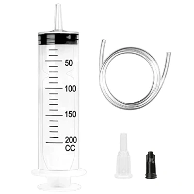 Abbildung von Großer Spritze 200ml, Plastikspritze Wiederverwendbare flüssige Spritz mit Schlauch und Stopfen Baggerschlauch für Labor, Industrie, Garten Haustierfütterung, Weiß