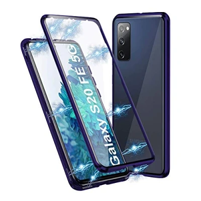 Abbildung von Schutzhülle für Samsung Galaxy S20 FE 5G, magnetische Adsorption, stoßfest, doppelseitig transparent, Hartglas, Schutzhülle, Aluminium, Metallrahmen, 360 Grad Schutz, Blau