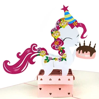 Abbildung von MOKIO® Pop Up Geburtstagskarte Happy Birthday Pony mit Geschenk und Torte 3D Geschenkkarte zum Geburtstag, handgefertigte Klappkarte Umschlag, ideal für Geldgeschenke
