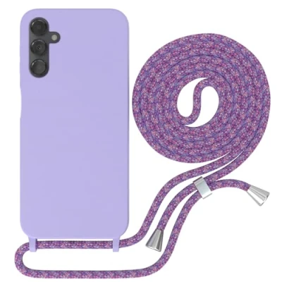 Abbildung von EAZY CASE Handytasche zum Umhängen kompatibel mit Samsung Galaxy A14 5G Handy Schutzhülle Band, Necklace Hülle, farbig TPU Case, Lavendel Lila Schnur Unicorn Clips Silber