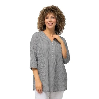 Abbildung von Ulla Popken Damen große Größen Übergrößen Plus Size Tunika, Streifen, Biesen, Bubble Struktur, 3/4 Arm schwarz 46+ 797456100