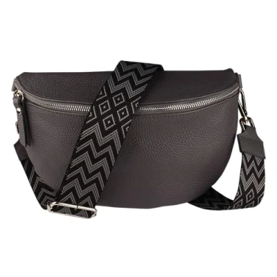 Abbildung von MIRROSI Bauchtasche Damen, Echtleder, Made in Italy, Umhängetasche, Brusttasche, (Schultertasche für jeden Anlass (1 Tasche &amp; 2 Gurte), Crossbody Bag, Grau, gemusterten&amp; verstellbaren Schulterriemen