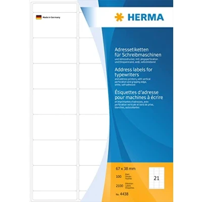 Abbildung von HERMA 4438 Adressetiketten für Schreibmaschinen, 100 Blatt, 67 x 38 mm, 21 pro A4 Bogen, 2100 Stück, selbstklebend, bedruckbar, matt, blanko Papier Klebeetiketten Adressaufkleber Etiketten, weiß