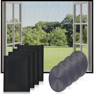 Abbildung von 4 Stück Fliegengitter Fenster, 150x130cm Moskitonetze Fenster mit Rollen Selbstklebend, Zuschneidbar Mückenschutz Fenster,Unsichtbares Fenstergitter Hält/Fliegen