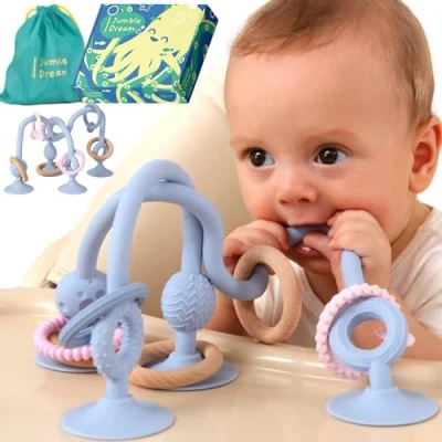 Abbildung von Beißring Baby JUMBLE JANGLE: Beißspielzeug für Babies 6 24 Monate 7er Set Kauspielzeug BPA frei Silikon Zahnungshilfe kühlen Kleinkind Spielzeug mit Saugnapf Hochstuhl Tisch Badewanne