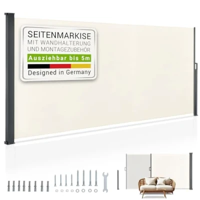 Abbildung von Juskys Seitenmarkise Dubai 500 x 200 cm ausziehbar Blickdicht, Sichtschutz für Balkon &amp; Terrasse, Seitenrollo mit Wandhalterung beige