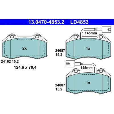Abbildung von ATE Ceramic 13.0470 4853.2 Bremsbelagsatz inkl. Verschleißwarnkontakt ABARTH: 500 / 595 695 Schrägheck, Punto Evo, Grande Punto, ALFA ROMEO: MiTo