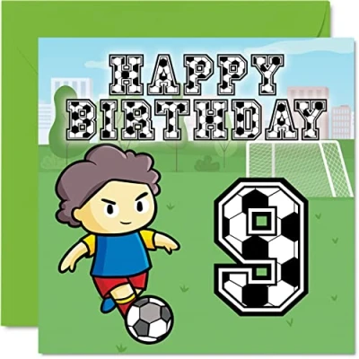 Abbildung von Geburtstagskarte zum 9. Geburtstag für Jungen Fußballfan Happy Birthday Karte 9 Year Old Boy, ihn, 145 mm x Grußkarte Sohn, Bruder, Enkel, Neffe, Cousin,