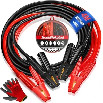 Abbildung von MASKO® Starthilfekabel Überbrückungskabel für Benzin und Dieselmotoren, 6/12/24 Volt. Auto Motorrad Starterkabel aus Kupfer inkl. Handschuhe Tragetasche 2 x 4m / 50mm² 3000amp