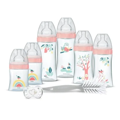 Abbildung von DODIE Set für Neugeborene 6 Fläschchen gegen Koliken (2 x 150 ml; 2 270 330 ml), 1 anatomischer Schnuller, 0 Monate, Flaschenbürste BPA frei Rosa