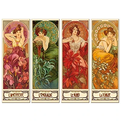 Abbildung von 1art1 Alphonse Mucha Poster Die Vier Edelsteine, 1900, 4 Teilig Bilder Leinwand Bild Auf Keilrahmen XXL Wandbild Kunstdruck Als Leinwandbild 120x90 cm