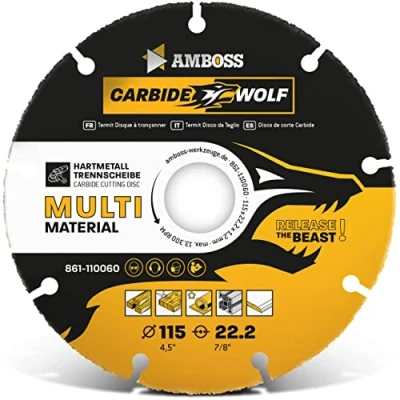 Abbildung von Amboss Carbide Wolf Ø 115mm Multi Hartmetall Trennscheibe für Winkelschleifer (Flex,Bosch uva) Holz (mit Nägeln), Kunststoff, Plastik, Gips Holztrennscheibe, Universal Sägeblatt, Speedcutter