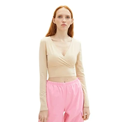 Abbildung von TOM Tailor Denim Langarm IN Wickel Optik Langarmshirt, Damen, Größe: Large, Dusty sand beige